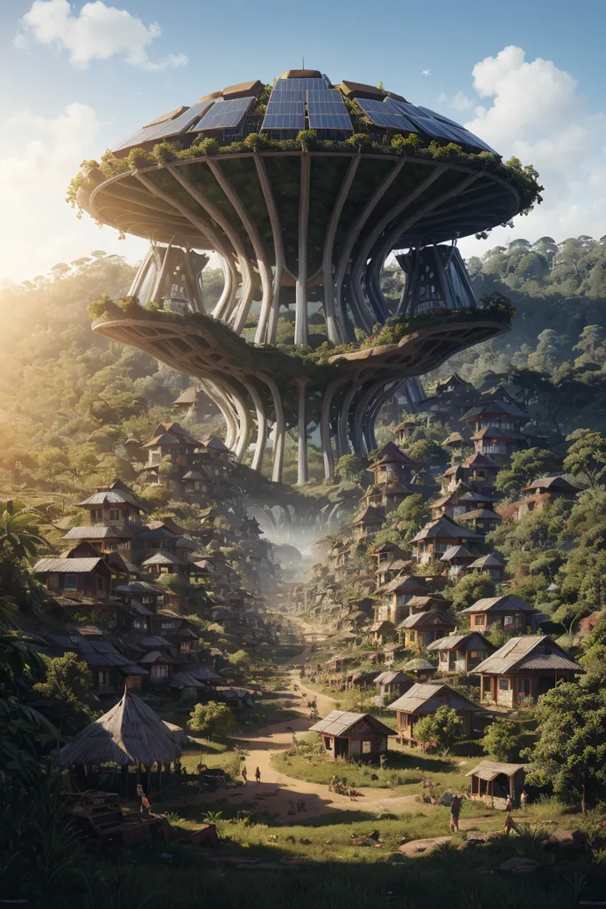 The image depicts a futuristic city built on top of a giant tree. The tree is surrounded by lush greenery and there are several houses built on its branches. The city is powered by solar panels and there are several wind turbines in the background. The sky is blue and there are some clouds in the distance.