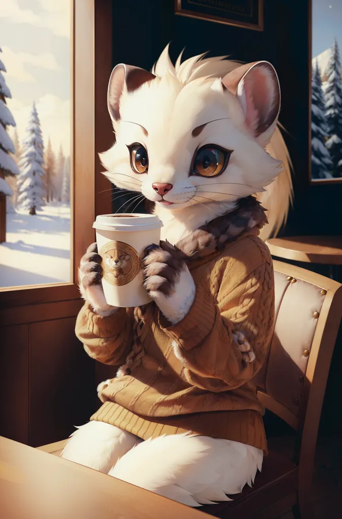 The image is of a white cat-like creature sitting in a chair and holding a coffee cup. The creature is wearing a brown sweater and has a white belly. It has large brown eyes and a pink nose. The background of the image is a snowy forest. The creature is sitting in a wooden chair and the table is made of wood.