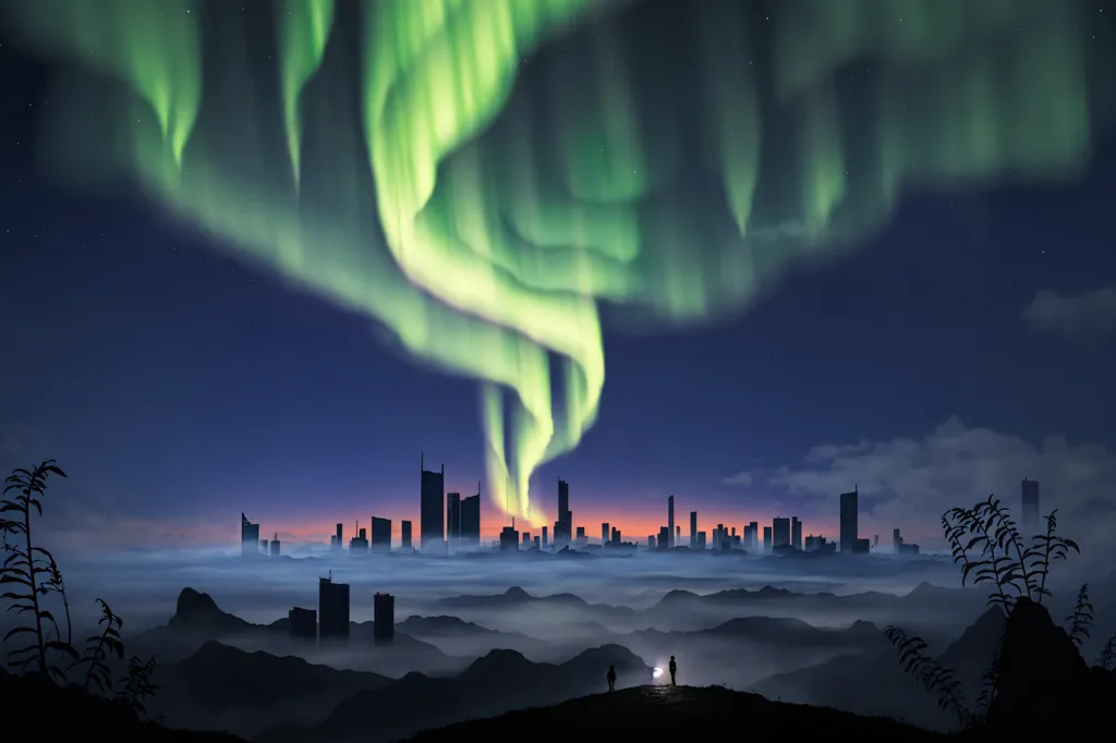 The image shows a night view of a city from a distance. The city is located in a valley and is surrounded by mountains. The sky is dark and there is a bright aurora australis (southern lights) in the sky. The aurora is green and white, and it is reflected in the water. There are two people standing on a hill in the foreground. They are looking at the aurora.