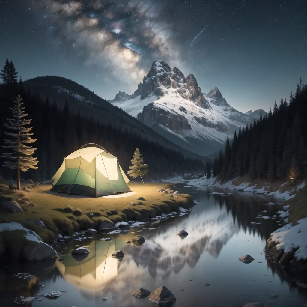 La imagen muestra un hermoso paisaje con una montaña, un río y un bosque. Hay una tienda de campaña en la orilla del río. El cielo está lleno de estrellas y un meteoro cruza el cielo. El agua del río es de cristal claro con rocas que sobresalen. Hay nieve en la montaña y en el suelo alrededor de la tienda de campaña.