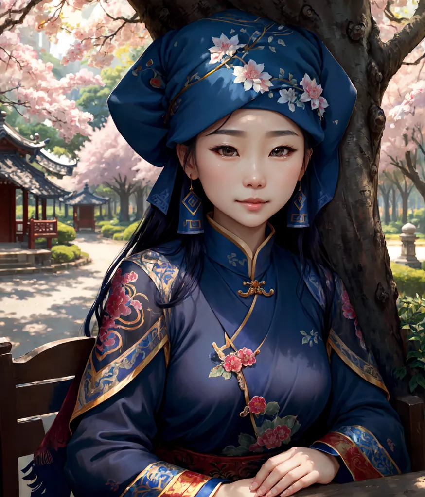 The image shows a young Chinese woman in traditional Chinese clothing. She is wearing a blue and white robe with pink and white flowers. The robe has a high collar and is trimmed with white fur. She is also wearing a blue hat with a white flower. Her hair is long and black and she has brown eyes. She is sitting on a bench in a garden. There are trees and flowers in the background. The woman is looking at the viewer with a serene expression.