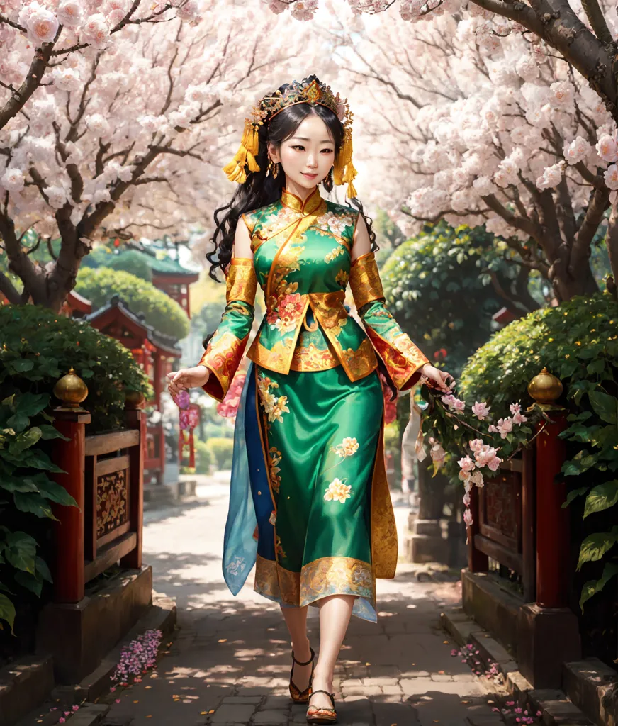 The image shows a young woman wearing a traditional Chinese dress with green and gold accents. The dress has a long skirt with a slit up one leg, a bodice with a V-neck, and short sleeves. The woman's hair is long and black, and she is wearing a traditional Chinese headdress with a long veil. She is also wearing traditional Chinese makeup, with red lipstick and eyeshadow. The woman is standing in a beautiful garden with cherry blossoms. The trees are in bloom, and the ground is covered with pink and white petals. The woman is surrounded by beauty, and she looks happy and content.