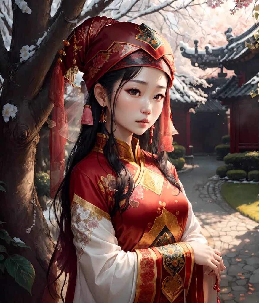 The image shows a young woman wearing a red and gold Chinese dress with a white undersleeve. There are white and pink flowers in her hair and she is wearing red earrings. She is standing in a garden with a tree and a stone path. There is a building with a red roof in the background. The image has a soft, painterly look.