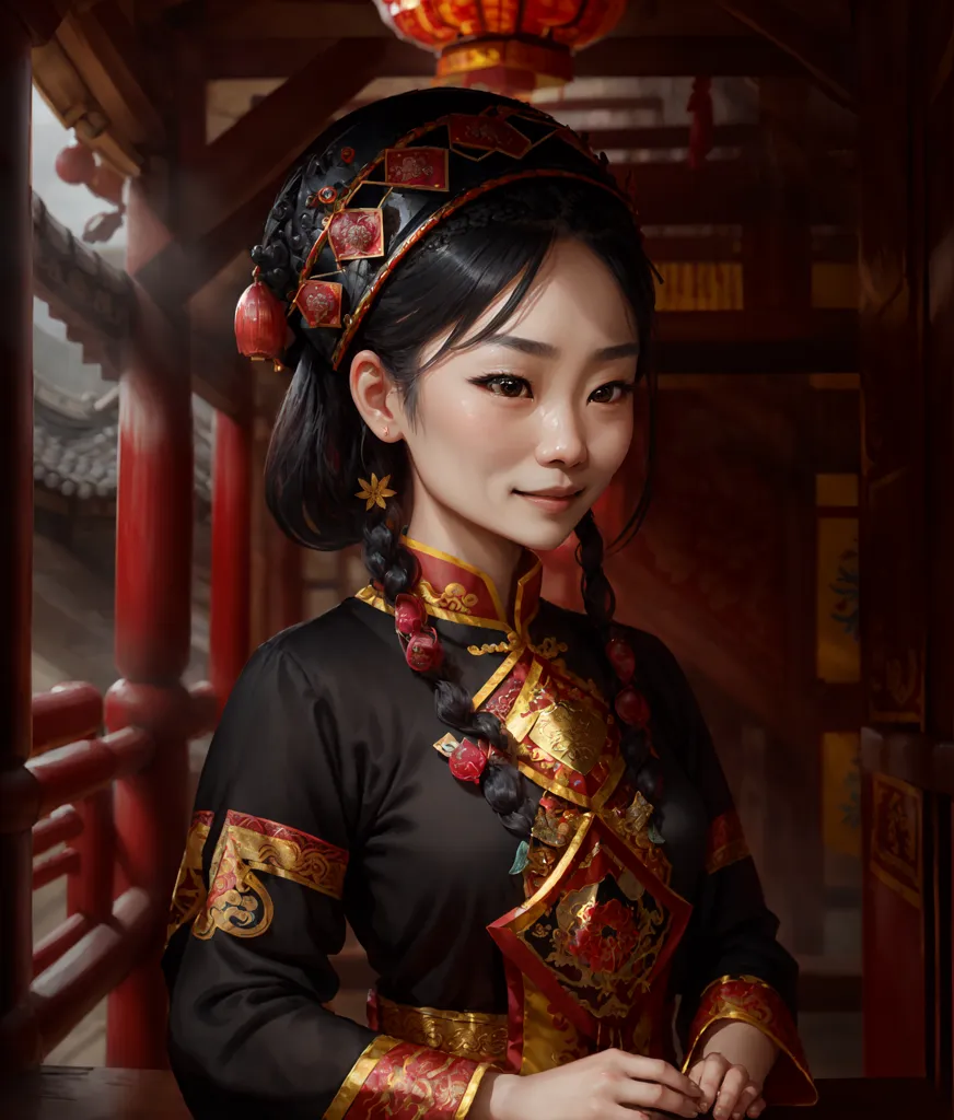 The image shows a young Chinese woman in traditional Chinese clothing. She is wearing a black and red cheongsam with intricate gold and red embroidery. The cheongsam has a high collar and is fastened with frog buttons. She is also wearing a red and gold hairpiece and has her hair braided in a traditional Chinese style. The background of the image is a blurred image of a traditional Chinese courtyard.