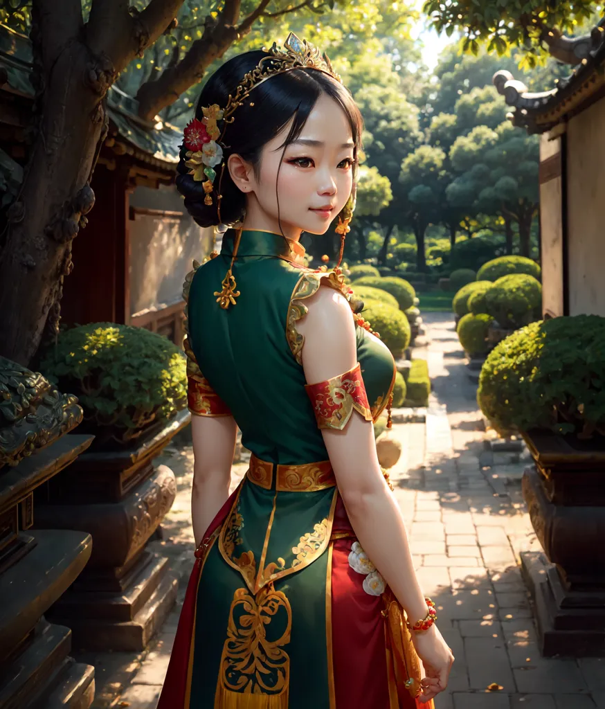 Esta es una imagen de una mujer joven con un vestido chino rojo y verde con acentos dorados. Ella está de pie en un jardín con un árbol y bancos de piedra detrás de ella. Ella mira hacia atrás por encima de su hombro al espectador con una leve sonrisa en su rostro.