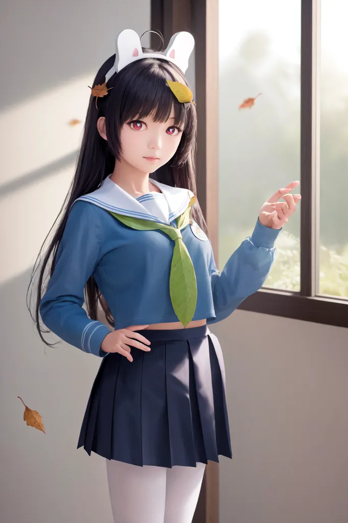 The image shows a young girl standing in front of a window. She is wearing a blue and white sailor-style uniform with a pleated skirt and white stockings. She has long black hair with green and yellow leaf hair accessories. She is looking out the window with a thoughtful expression on her face. The window is covered in raindrops. There are also some autumn leaves falling outside the window.