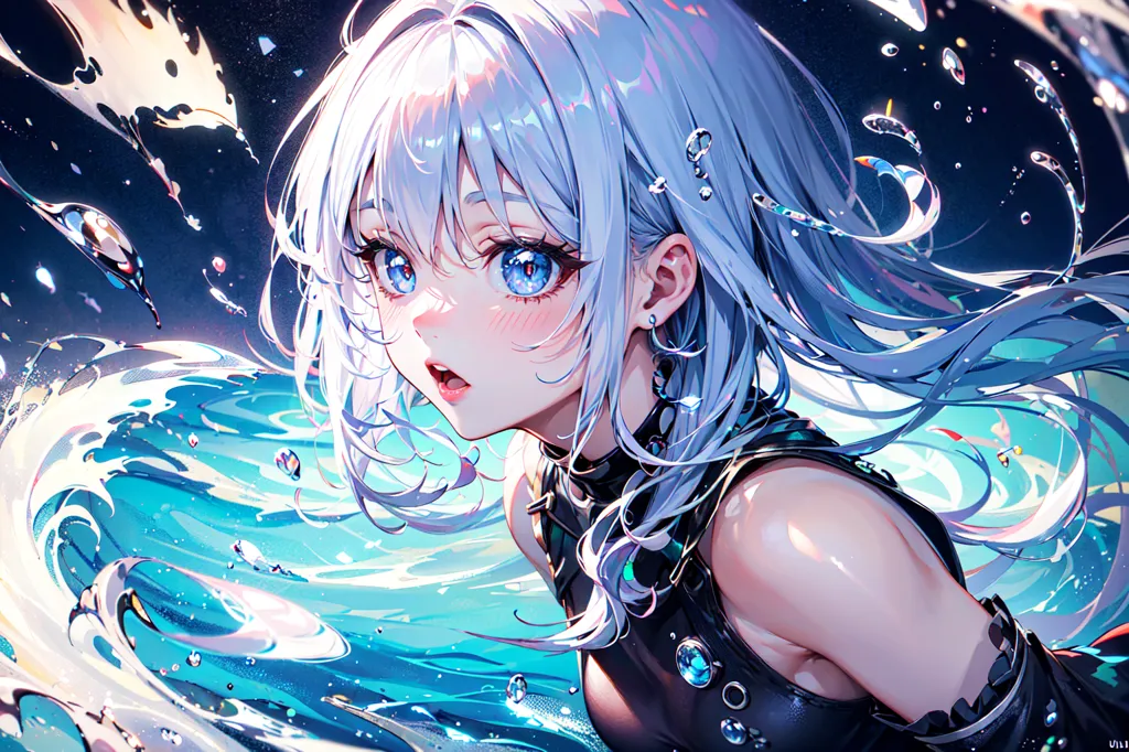 The image is an anime-style painting of a young woman with long, flowing white hair and blue eyes. She is wearing a black swimsuit with a plunging neckline and a choker around her neck. She is standing in front of a large wave of water, which is crashing against her body. The water is depicted in a variety of shades of blue and green, and it is clear and transparent. The woman's expression is one of surprise and wonder, and her mouth is open in an expression of awe. Her hair is wet and dripping, and her skin is glistening with water droplets. The background of the image is a dark blue night sky, which is filled with stars and a few clouds. The image is very detailed, and the artist has used a variety of techniques to create a sense of realism. The image is also very colorful, and the artist has used a variety of colors to create a sense of contrast. The image is very well-composed, and the artist has used a variety of techniques to create a sense of balance and harmony.