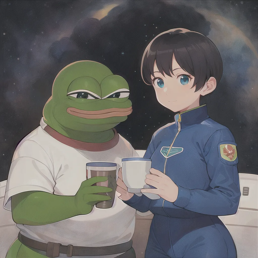 ペペ・ザ・フロッグと宇宙服を着た女の子が、宇宙空間でお茶を飲んでいます。ペペは白いTシャツを着ており、女の子は腕と胸に補修パッチが付いた青い宇宙服を着ています。背景は暗い空に星が輝いています。