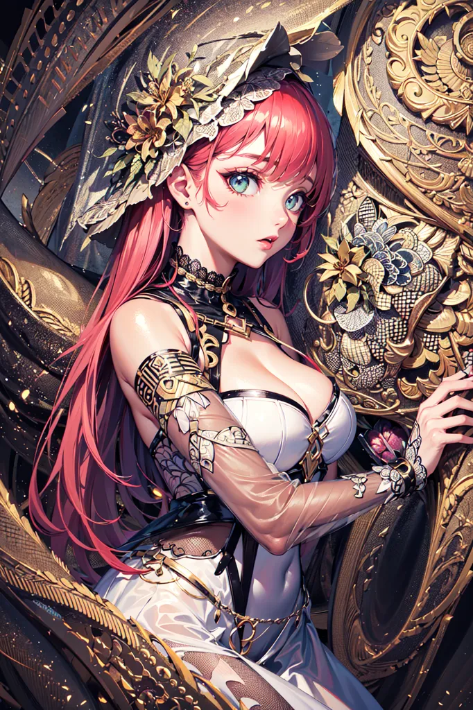 A imagem é uma pintura de uma bela garota de anime com cabelos longos e vermelhos e olhos azuis. Ela está usando um vestido branco e dourado com um choker preto e um colar dourado. Ela está em pé diante de um grande objeto dourado que parece ser um relógio ou uma caixa de música. A garota tem uma expressão séria no rosto e está olhando para o espectador.