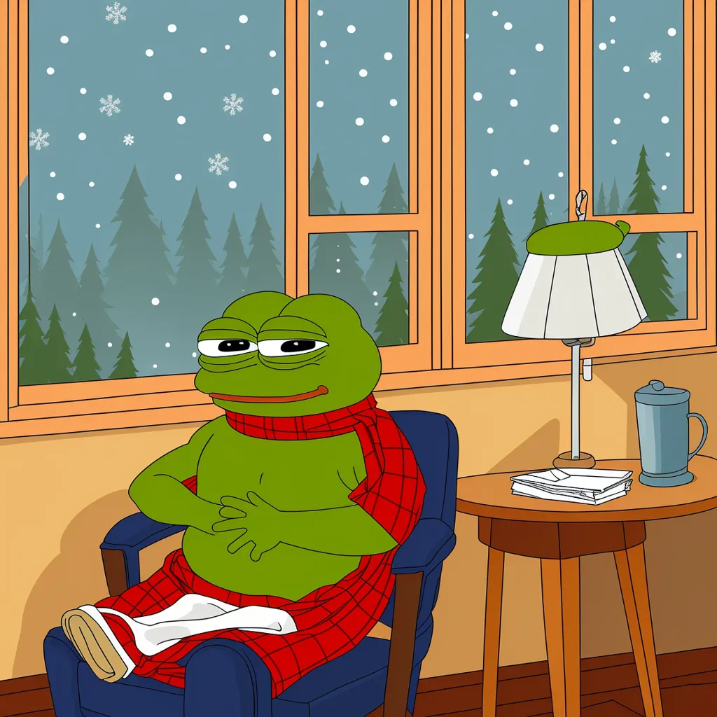 この画像には、Pepe the Frogが椅子に座っている居間の様子が描かれています。彼は赤と白のストライプのマフラーを身に着け、膝にはブランケットがかけられています。隣のテーブルには、ランプと書類の束が置かれています。彼の背後の窓からは、雪に覆われた森が見えます。