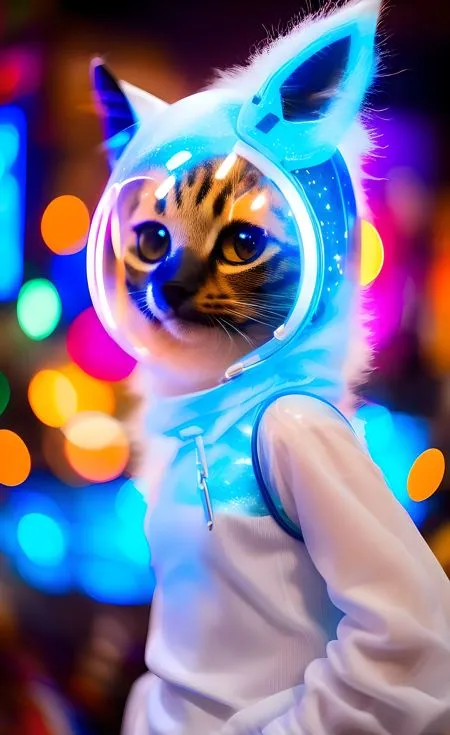 The image shows a cat wearing a futuristic spacesuit with a clear bubble helmet. The cat's eyes are wide open and it is looking at the camera. The spacesuit is white and blue and has a light blue light on the chest. The cat is standing in front of a blurred background of city lights.