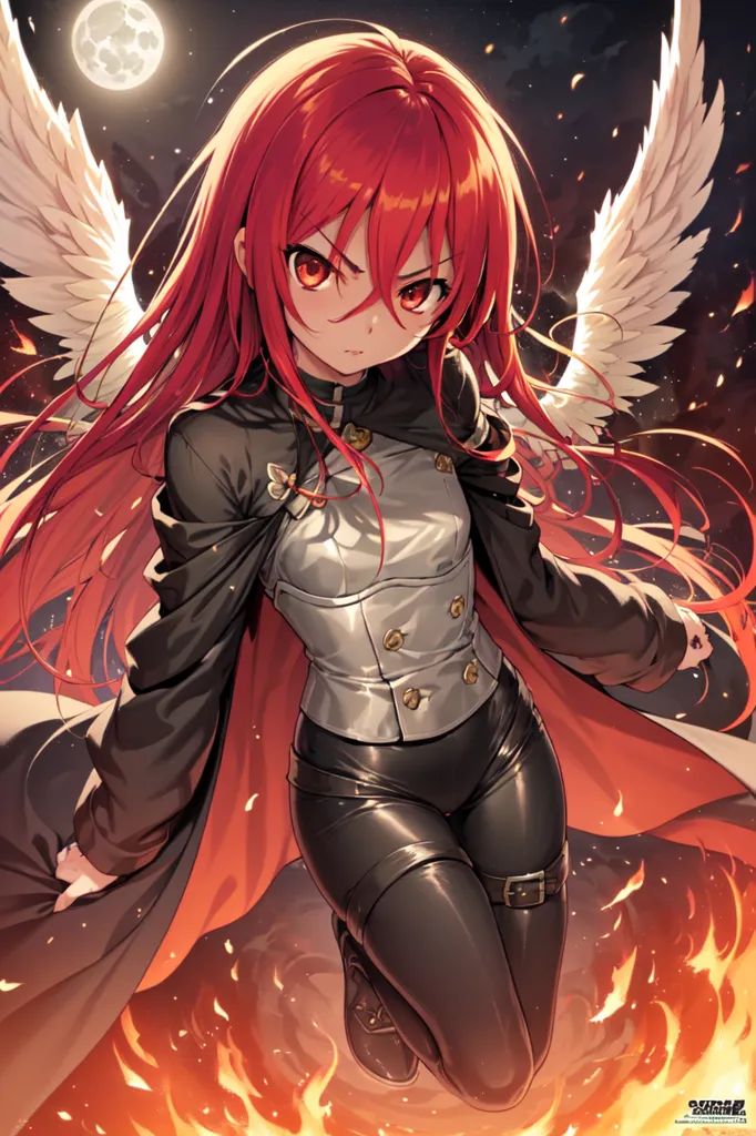 The image is of a young woman with long red hair and red eyes. She is wearing a black and red outfit and has a pair of white wings. She is standing in front of a fiery background and has a determined expression on her face.