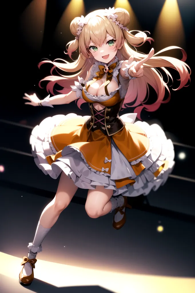 The image is an anime-style illustration of a young woman in a maid outfit. She has long, wavy blonde hair with pink highlights, green eyes, and a perky expression on her face. She is wearing a yellow and white maid dress with a sweetheart neckline and a corset-style bodice. The skirt of the dress is full and fluffy, and she is wearing white socks and brown shoes. She is standing on a stage, and there are spotlights shining down on her.