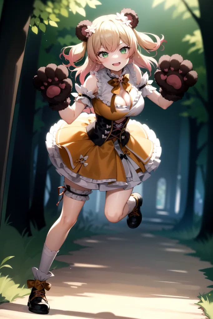 The image is of an anime girl with long blonde hair and green eyes. She is wearing a yellow and white dress with a brown corset. She is also wearing bear ears and paws. She is standing in a forest, surrounded by trees. She has a happy expression on her face and she seems to be enjoying herself.