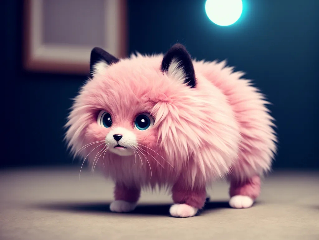 The image shows a cute and realistic 3D rendering of a pink cat-like creature. It has large blue eyes, a small black nose, and black ears. Its fur is light pink and looks very soft. The creature is standing on a gray surface with a blurred background. There is a small white light in the upper right corner of the background.