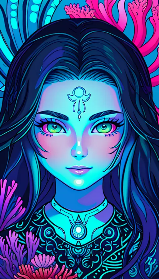 This is an image of a woman with long, flowing black hair and green eyes. She has a symbol on her forehead and is wearing a necklace with a pendant. She is surrounded by colorful coral and appears to be glowing. The image has a surreal, dreamlike quality.