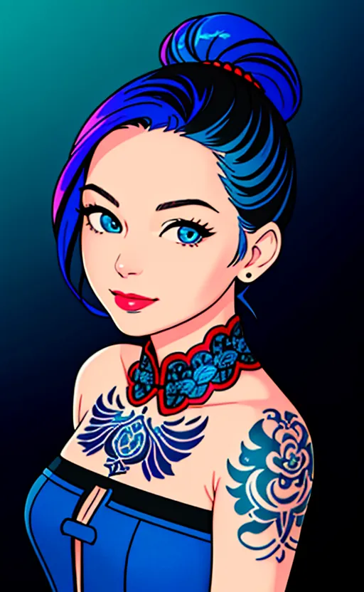 The image is a digital painting of a young woman with blue hair, blue eyes, and a red and blue outfit. She has a tattoo on her chest and a piercing in her right ear. The background is dark blue. The woman is looking at the viewer with a slight smile on her face.