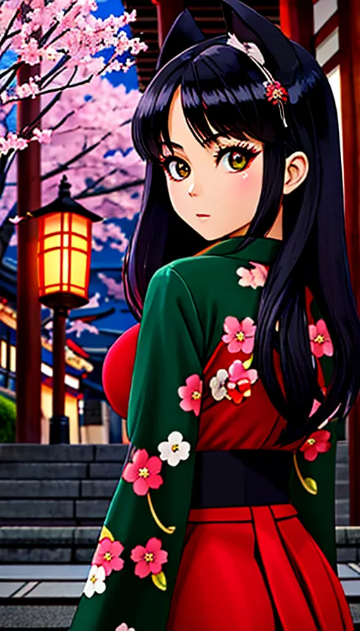 La imagen es de una mujer joven con el cabello negro y largo y orejas de gato. Lleva un kimono rojo y verde con flores blancas y rosas. Está de pie en un entorno japonés tradicional con un árbol de cerezo en el fondo. La mujer mira al espectador con una expresión seria.