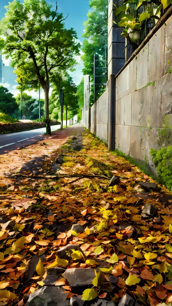 The image shows a tree-lined path in autumn. The path is covered in fallen leaves. The concrete wall on the right is covered in vines. The path is bordered by a low stone wall on the left. There is a cyclist on the road in the distance.