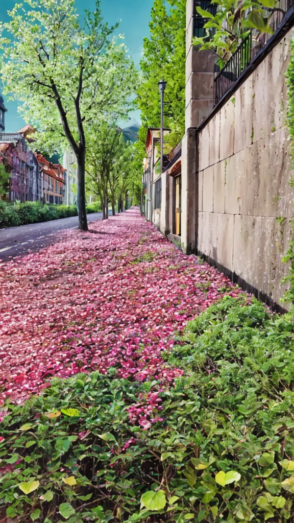 A imagem é uma cena de rua com uma calçada ladeada por árvores, coberta de pétalas de flores rosas. As pétalas também estão amontoadas contra os edifícios e na rua. As árvores são altas e verdes, e os edifícios são feitos de pedra, tijolo e madeira. A rua é de paralelepípedos. O céu está azul e há algumas nuvens brancas e fofas.