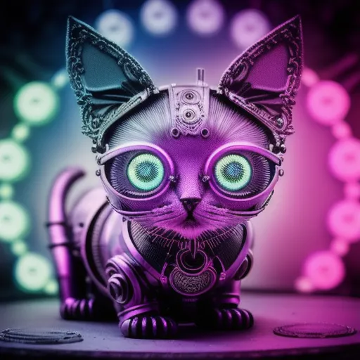 This is a picture of a steampunk cat. It has purple fur and green eyes. It is wearing a collar with a bell on it. It is standing on a stage with a purple spotlight shining on it. The background is a blur of blue, purple, and pink lights.