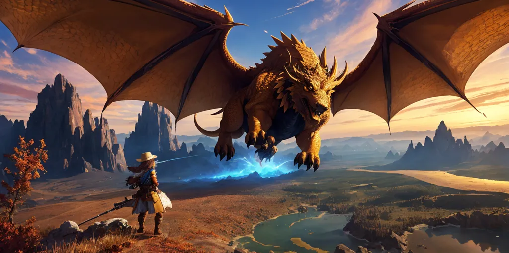 The image is a fantasy landscape with a large golden dragon flying over a mountain range. The dragon has its wings spread wide and is breathing fire. In the foreground, a human woman is standing on a rock, watching the dragon. The woman is wearing a brown leather hat and a green shirt and is carrying a sword. The background of the image is a vast mountain range, with a river running through the valley. The sky is a gradient of orange and yellow.