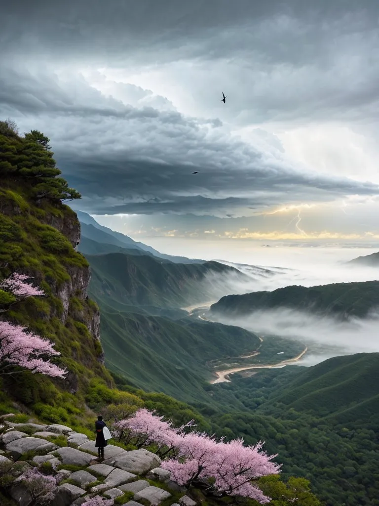 A imagem é de uma paisagem montanhosa. As montanhas estão cobertas por uma espessa camada de neblina, com os picos das montanhas emergindo acima das nuvens. O céu está escuro e nublado, com um único pássaro voando em primeiro plano. Em primeiro plano da imagem, uma pessoa está de pé em um penhasco rochoso, observando as montanhas. A pessoa está usando um casaco preto comprido e tem uma echarpe branca enrolada em torno do pescoço. A imagem é tanto bela quanto serena, e captura a beleza do mundo natural.