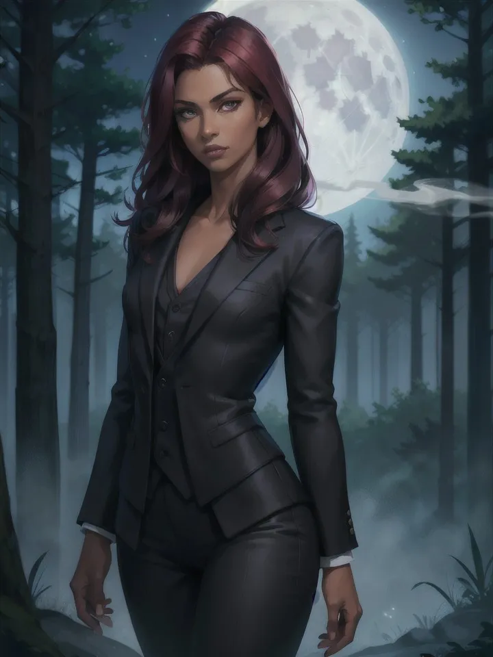 This is an image of a woman in a suit standing in front of a forest. The woman is wearing a black suit jacket and pants with a white dress shirt and tie. She has long red hair and green eyes. The forest is dark and mysterious, with a full moon shining through the trees. The woman looks confident and determined, as if she is about to face a challenge.