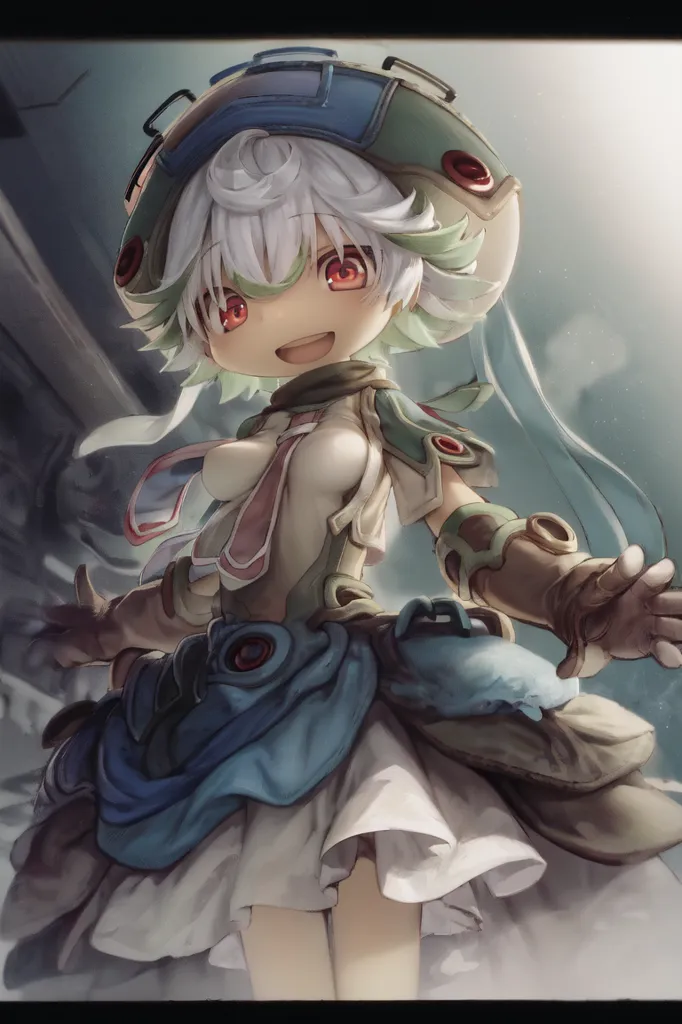 The image shows a young girl with white hair and red eyes. She is wearing a white and blue dress with a brown belt. She has a green hat on her head and brown boots on her feet. She is standing in a forest with a large tree behind her.