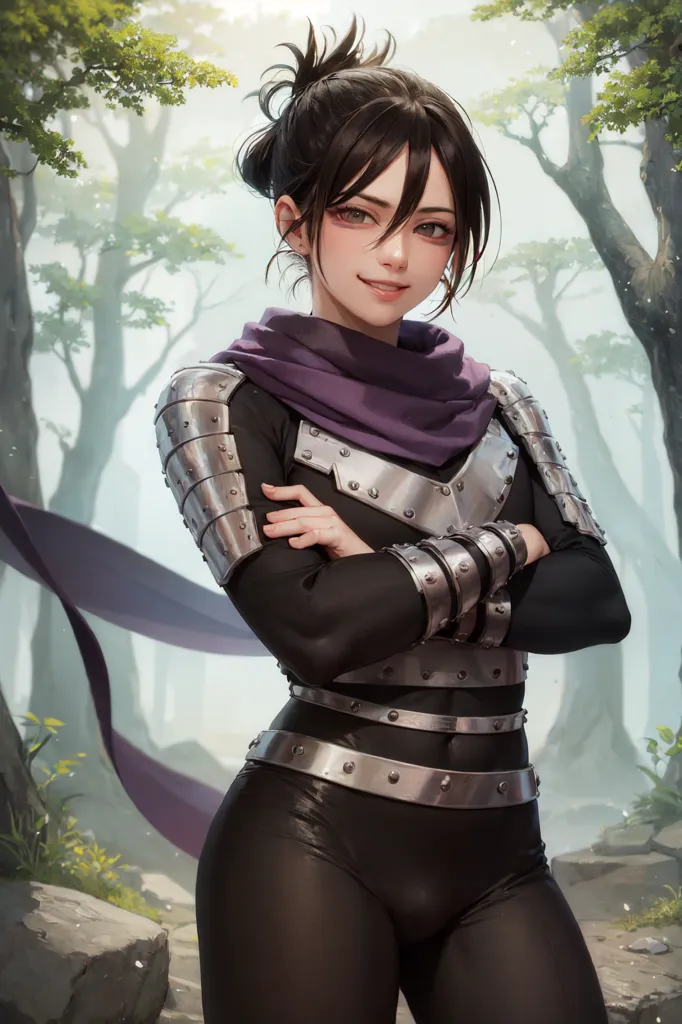 The image shows a young woman with short black hair and brown eyes. She is wearing a black and purple outfit with a purple scarf around her neck. The outfit is made of a material that looks like leather or metal. She is also wearing a pair of black boots. The woman is standing in a forest, and she has a confident smile on her face.