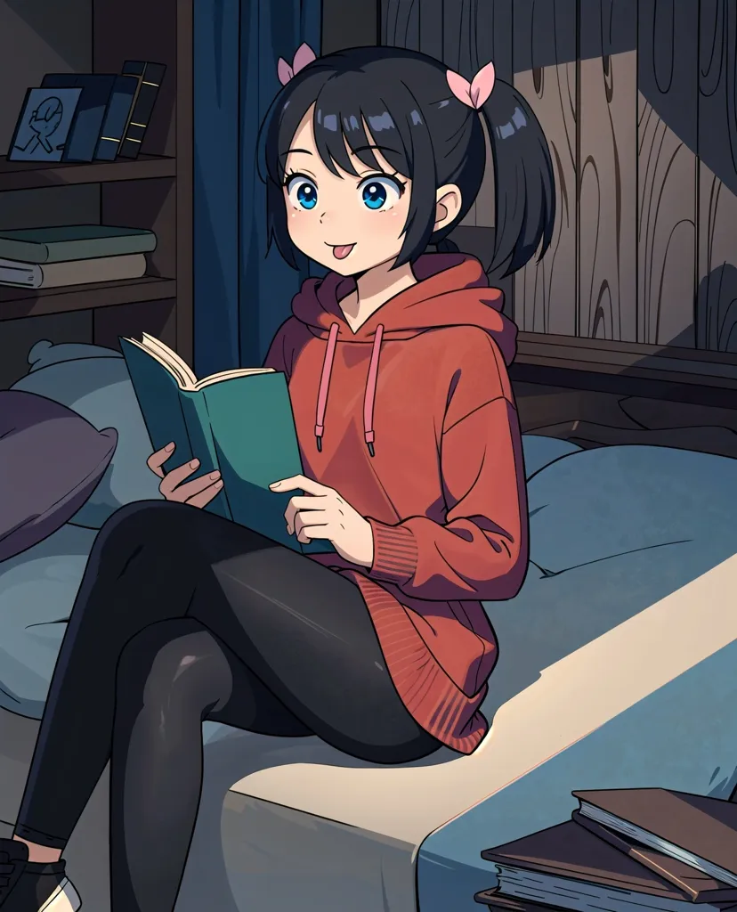 A young girl with blue eyes and black hair tied in twin pigtails is sitting on a bed reading a book. She is wearing a red hoodie and black leggings. There are bookshelves and a nightstand with a lamp on it behind her. The girl is smiling and has her tongue sticking out in concentration.