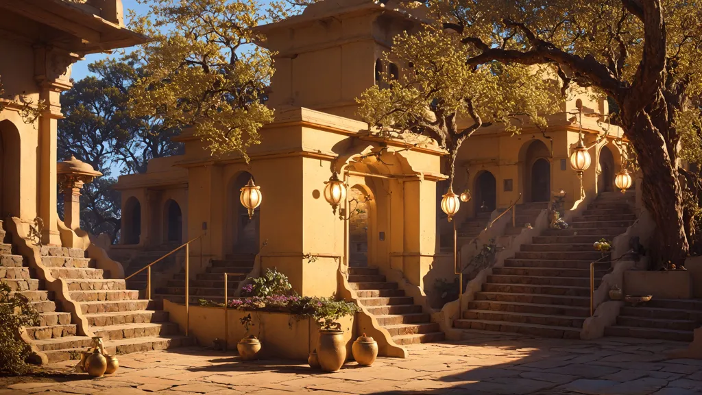 La imagen muestra un patio en un palacio o haveli tradicional indio. El patio está rodeado de corredores y escaleras abovedados, con barandillas de madera talladas con intrincados diseños. Las paredes están adornadas con hermosos murales y el suelo está cubierto con una rica alfombra. En el centro del patio hay una fuente con un estanque con forma de loto. El patio está bañado en cálida luz solar y hay una atmósfera de paz y serenidad.