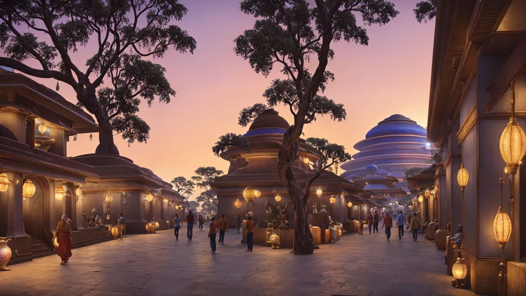 The image is a street scene in a Middle Eastern city. The street is lined with shops and stalls, and there are people walking around. The buildings are made of mud brick and have intricate carvings. The people are wearing traditional Middle Eastern clothing. The sun is setting, and the sky is a warm orange color. There are trees on either side of the street with large leaves.