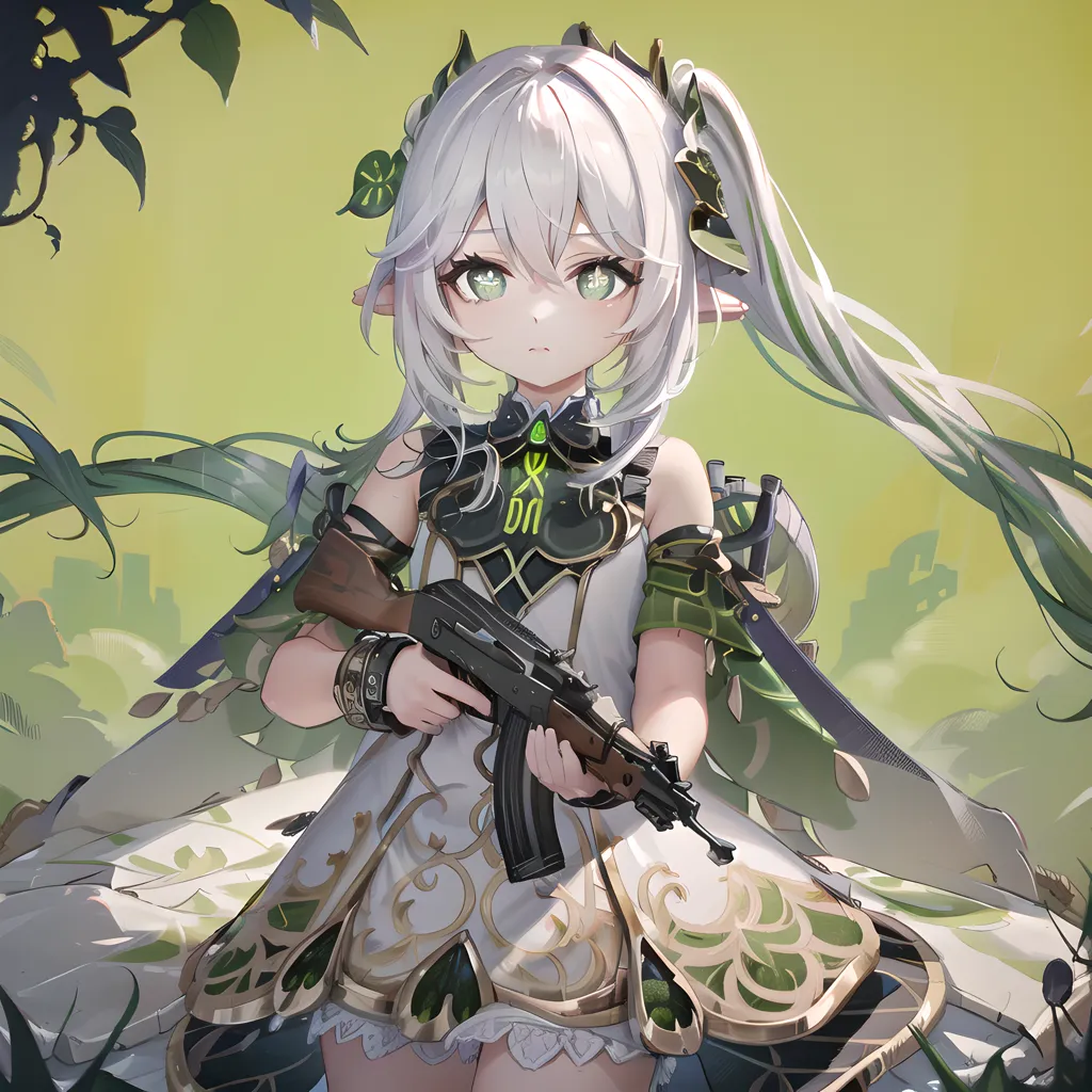 The image is an anime-style drawing of a young girl with long white hair and green eyes. She is wearing a white and green dress with a leaf-shaped headdress and has a gun in her hands. She is standing in a forest, surrounded by green leaves.