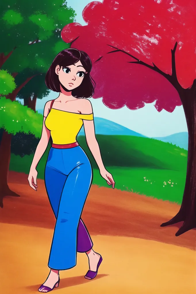 This is an image of a young woman with brown hair and brown eyes. She is wearing a yellow off-the-shoulder top, blue pants, and purple wedge sandals. She is walking in a park with green trees and pink flowers. There is a mountain in the distance. The sky is blue. The image has a cartoonish style.