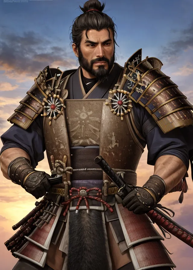 The image shows a muscular man with a beard and his hair tied in a bun. He is wearing a traditional Japanese samurai armor with a red and white surcoat. He has two swords on his belt and a bow and arrow on his back. He is standing in a confident pose, looking to the left of the viewer. The background is a sunset sky with clouds.