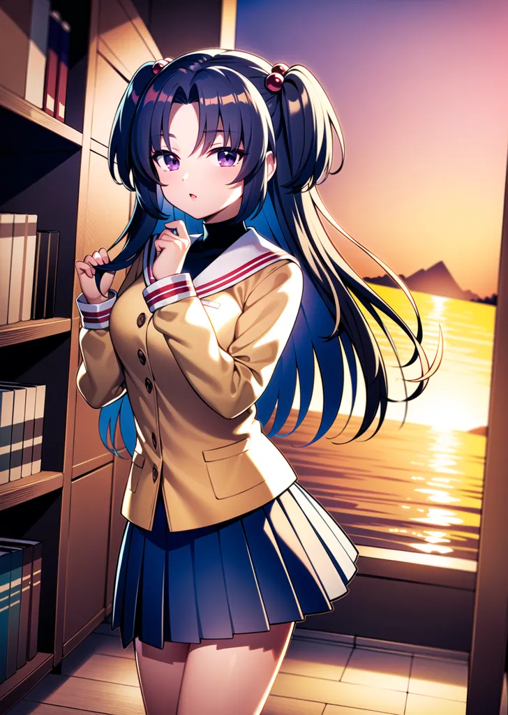 The image is an anime-style drawing of a girl with long purple hair and purple eyes. She is wearing a yellow blazer, a white turtleneck blouse, and a blue pleated skirt. She is standing in a library, and there is a large window behind her showing a sunset over the ocean. The girl is looking at the viewer with a shy expression on her face.