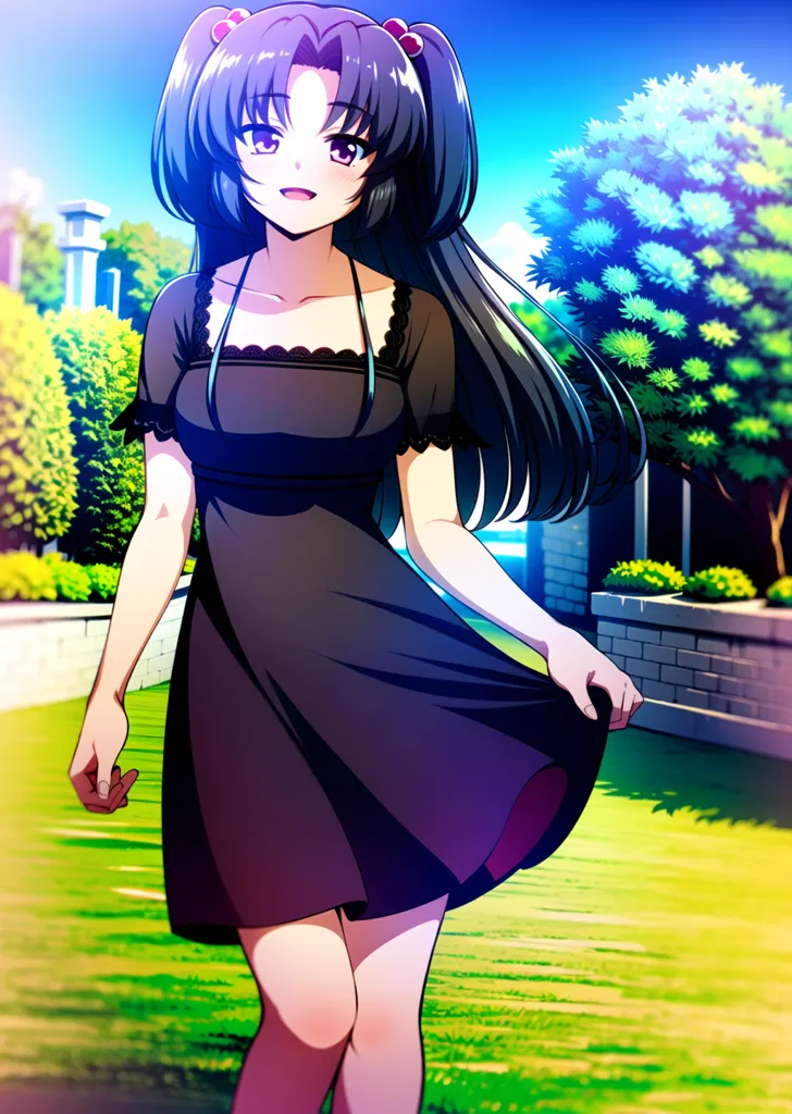 The image shows a young woman with long black hair and purple eyes. She is wearing a black dress with a white collar. She is standing in a park, surrounded by trees and flowers. She has a happy expression on her face and is looking at the viewer.