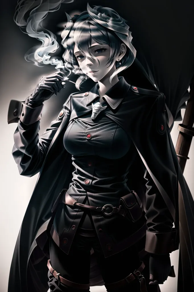 The image is of a woman dressed in a black military-style uniform. She has short gray hair and red eyes. She is smoking a cigarette and there is smoke drifting up from it. She is wearing a black hat with a white skull on it. She is also wearing a black coat and black boots. She is standing in front of a dark background and there is a white light shining on her from the left side of the image.