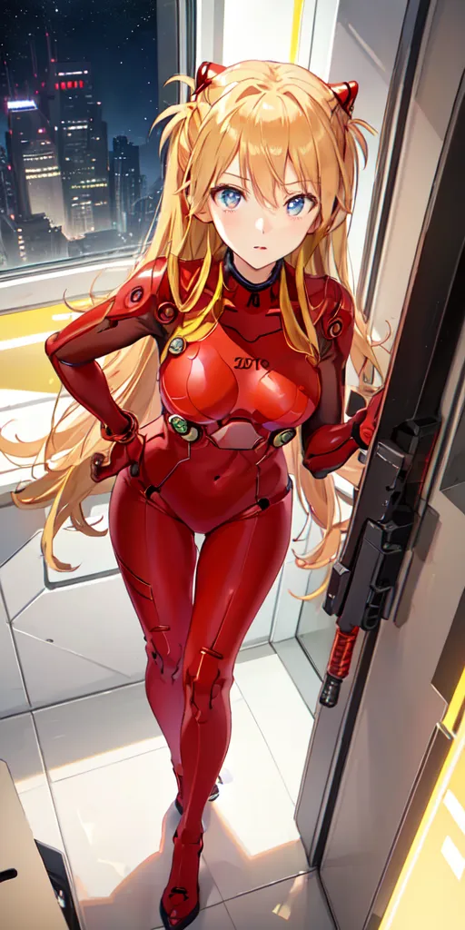 The image is a painting of a young woman, standing in a futuristic room with a large window in the background. She is wearing a red and black bodysuit and has long blond hair. She is looking at the viewer with a serious expression on her face.