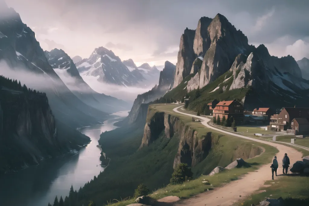 L'image est située dans une région montagneuse. Il y a un lac au premier plan et des montagnes à l'arrière-plan. Les montagnes sont enneigées et le lac est entouré d'arbres. Il y a une maison sur la rive du lac et un chemin menant à la maison. Deux personnes marchent sur le chemin. L'image est paisible et sereine, et capture la beauté du paysage naturel.