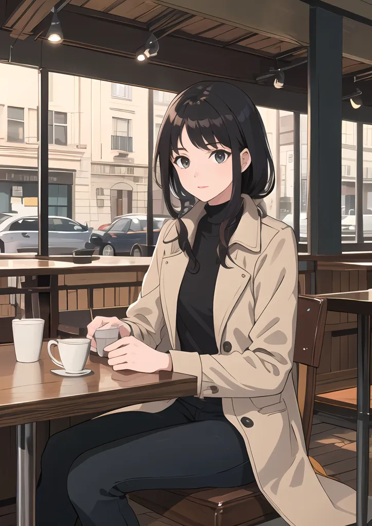 The image shows a young woman sitting in a cafe. She has long black hair, brown eyes, and is wearing a black turtleneck blouse and tan trench coat. She is sitting at a wooden table with two empty coffee cups on it. The woman is looking at the view outside the window. There are cars parked on the street outside and a few people walking by. The image is drawn in a realistic style and the colors are muted.