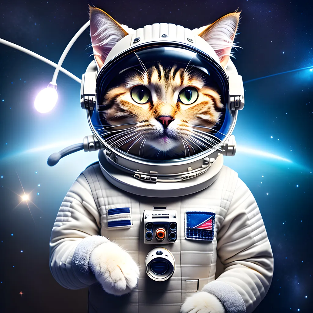 Ini adalah gambar kucing astronaut. Kucing tersebut mengenakan suit luar angkasa dan memakai helm. Kucing itu sedang menatap kamera. Terdapat bintang-bintang dan sebuah planet di latar belakang.