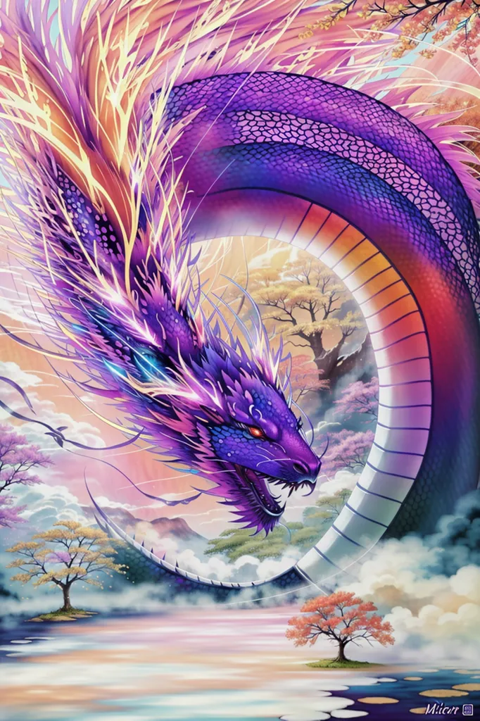 The image is a painting of a purple dragon. The dragon is depicted as a long, serpentine creature with a feathered mane and a long, forked tongue. It is coiled in a circle, with its head facing the viewer. The dragon's scales are purple and its eyes are yellow. The background of the painting is a gradient of purple and pink, with a few clouds and trees.