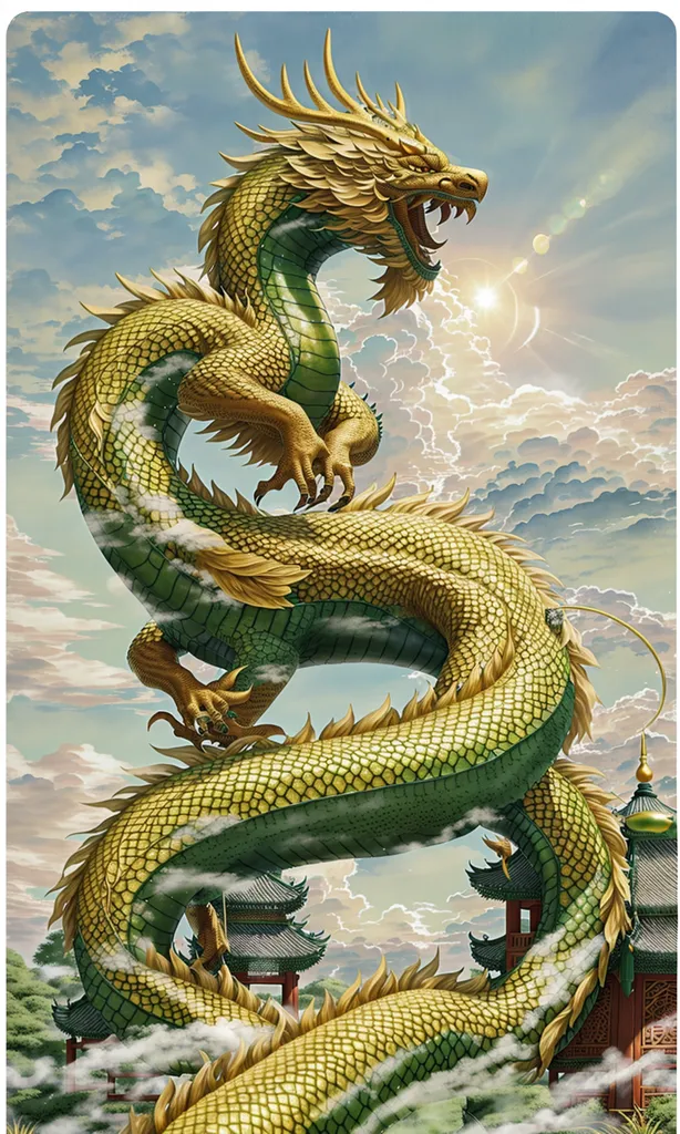 The image is a painting of a golden dragon with green undertones. The dragon is depicted as a long, serpentine creature with a sinuous body and a long, forked tongue. It has four legs, each with five claws, and a pair of wings. The dragon's body is covered in scales, and its head is adorned with a pair of antlers. The dragon is depicted as flying in the sky above a Chinese-style building. The background of the image is a blue sky with white clouds.