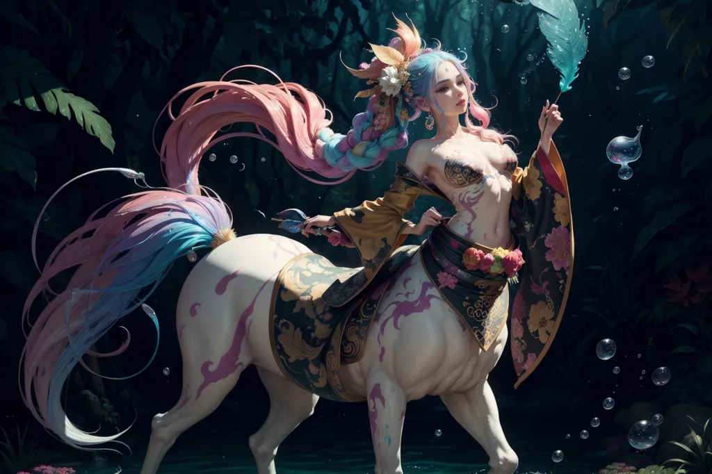 The image is a depiction of a centaur, a mythical creature with the upper body of a human and the lower body of a horse. The centaur is depicted as a beautiful woman with long, flowing hair and a muscular, equine body. She is wearing a traditional Japanese kimono and is holding a naginata, a type of Japanese sword. The centaur is standing in a forest, and is surrounded by trees and flowers. The image is done in a realistic style, and the centaur is depicted with great detail.