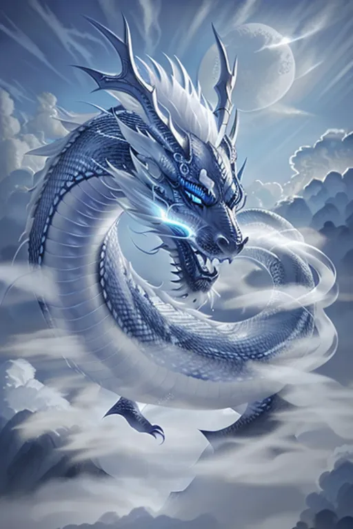 La imagen es de un dragón blanco y azul con cuernos de plata. El dragón está mirando al espectador y está rodeado de nubes. El dragón tiene un cuerpo largo y serpentino con una melena de pelo blanco y azul. Sus escamas son de un blanco brillante y sus ojos son de un azul profundo. Las alas del dragón están extendidas y su cola está enrollada detrás de él. El fondo de la imagen es un cielo azul pálido con algunas nubes. El dragón está en el centro de la imagen y es el foco principal. La imagen es muy detallada y el dragón está representado de manera realista.