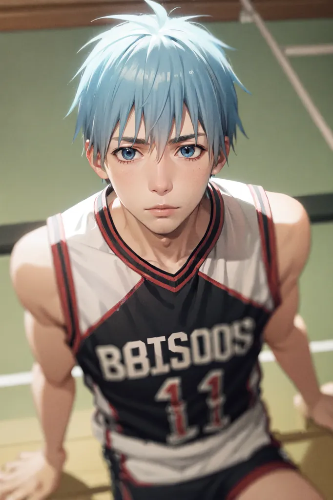 The image is of a young man with blue hair and eyes. He is wearing a basketball jersey with the number 11 on it. He is sitting on a basketball court, looking at the camera with a serious expression. He has a determined look on his face, and it is clear that he is ready to play basketball.