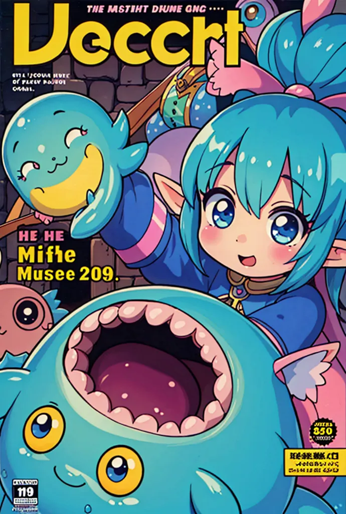 The image is an illustration of a blue-haired girl in a blue outfit holding a yellow creature in her hand. The yellow creature has a big smile on its face. There is a large pink creature with its mouth wide open behind the girl. The girl is standing on a stone platform surrounded by blue water. There is text at the top of the image that says \