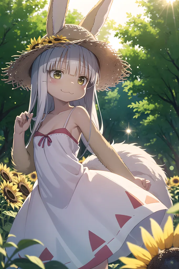 The image is of a young girl with long white hair and rabbit ears. She is wearing a white dress with a red ribbon at the waist and a straw hat with sunflowers on it. She is standing in a field of sunflowers, and there are green trees in the background. The girl is smiling and has her eyes closed.